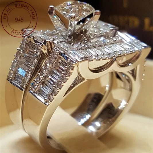 2pcs/set Luxury Women's Micro-Inlaid Zirconia 925 Sterling Silvery Wedding Engagement Ring Sets Vintage Banquet Jewelry