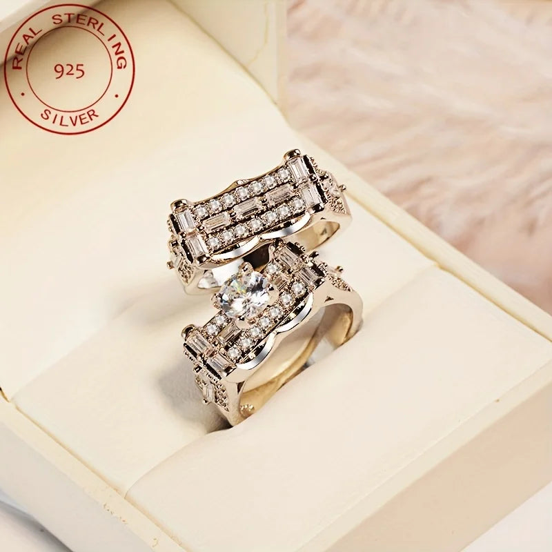 2pcs/set Luxury Women's Micro-Inlaid Zirconia 925 Sterling Silvery Wedding Engagement Ring Sets Vintage Banquet Jewelry