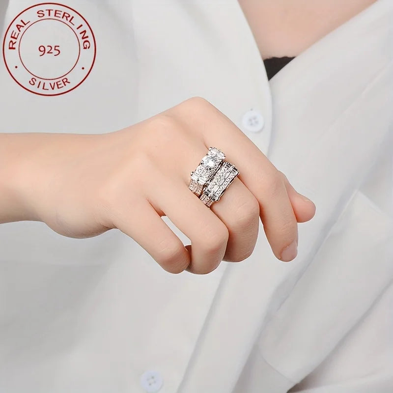 2pcs/set Luxury Women's Micro-Inlaid Zirconia 925 Sterling Silvery Wedding Engagement Ring Sets Vintage Banquet Jewelry