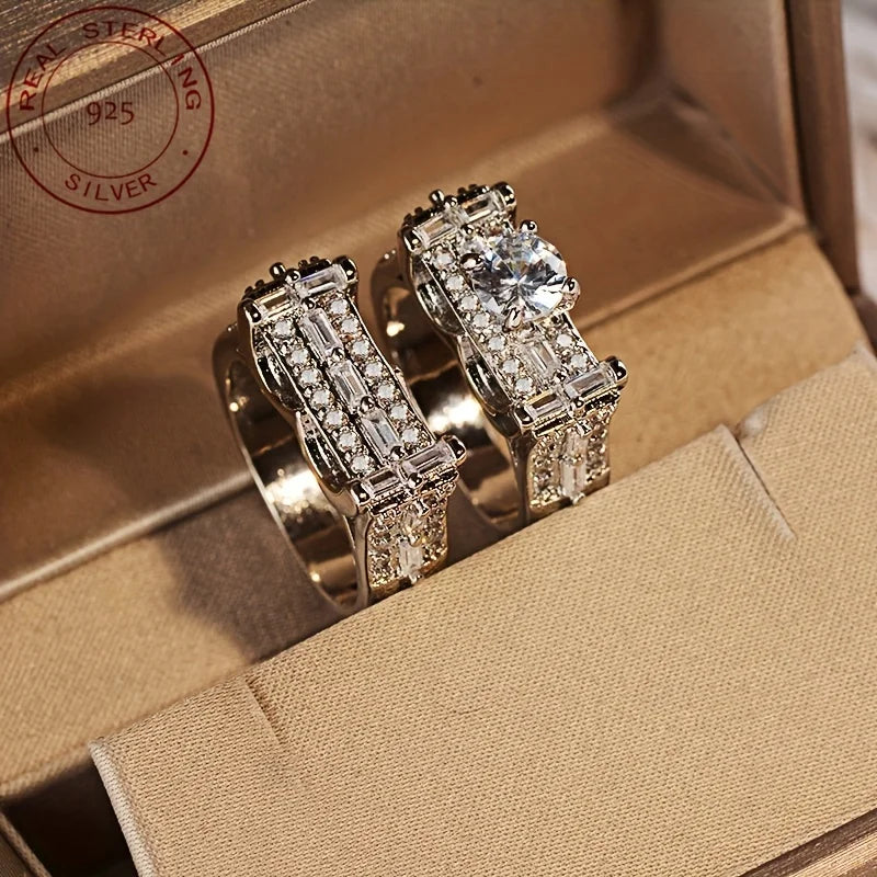 2pcs/set Luxury Women's Micro-Inlaid Zirconia 925 Sterling Silvery Wedding Engagement Ring Sets Vintage Banquet Jewelry