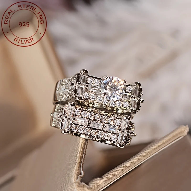 2pcs/set Luxury Women's Micro-Inlaid Zirconia 925 Sterling Silvery Wedding Engagement Ring Sets Vintage Banquet Jewelry