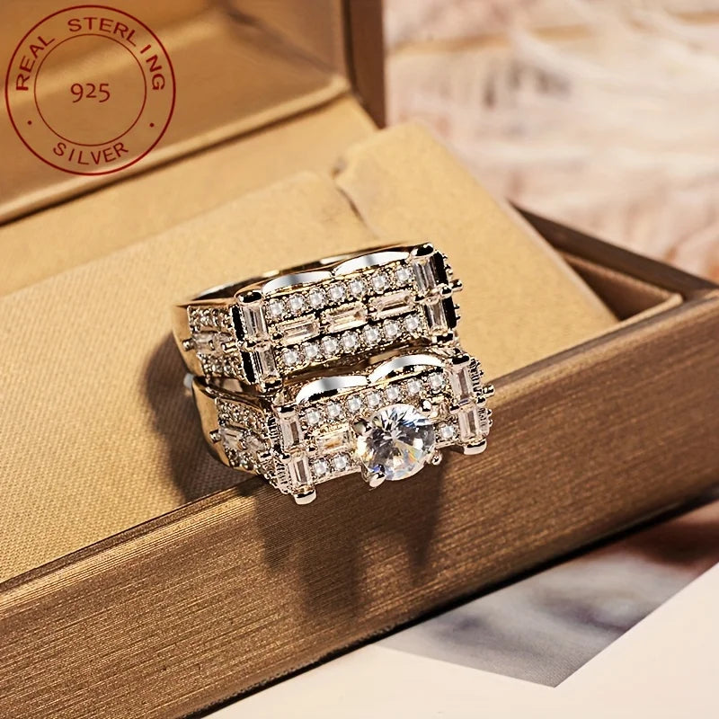 2pcs/set Luxury Women's Micro-Inlaid Zirconia 925 Sterling Silvery Wedding Engagement Ring Sets Vintage Banquet Jewelry