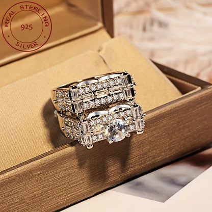 2pcs/set Luxury Women's Micro-Inlaid Zirconia 925 Sterling Silvery Wedding Engagement Ring Sets Vintage Banquet Jewelry